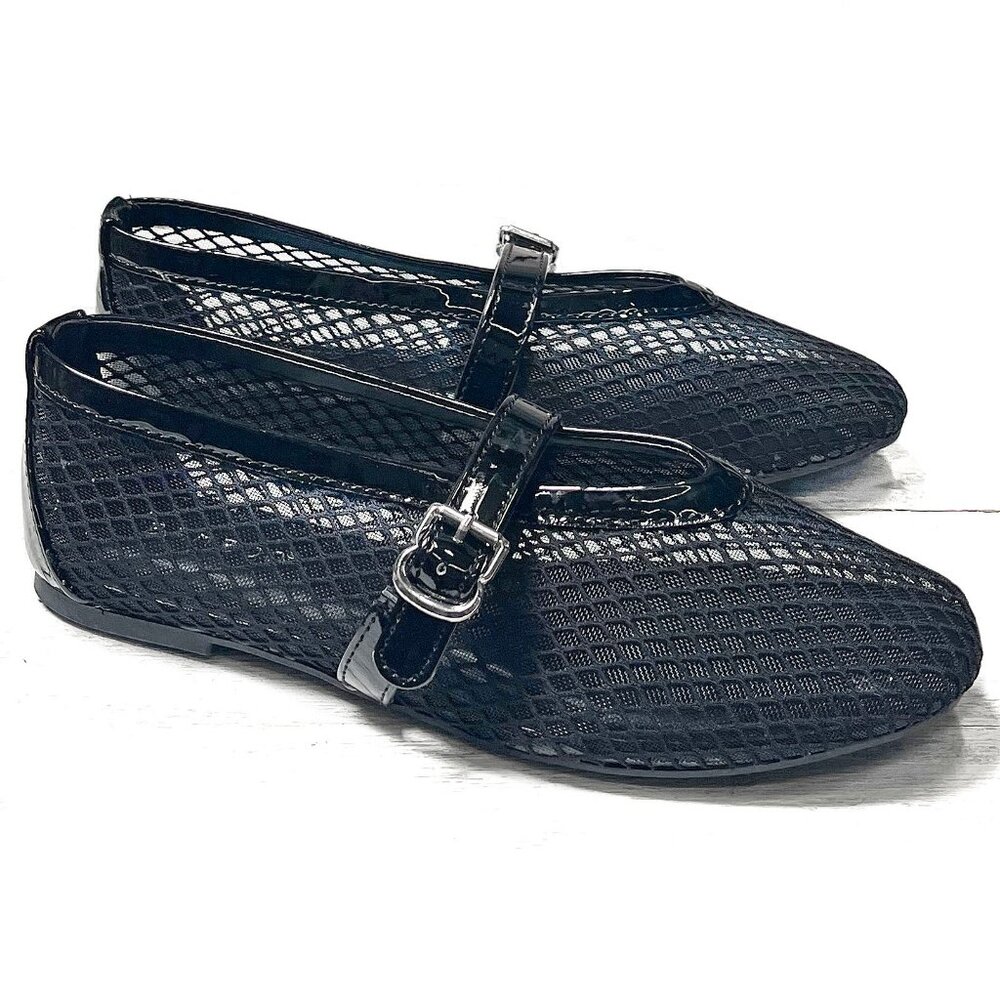 New Womens Black Mesh Fishnet Mary Jane Ballet Flats